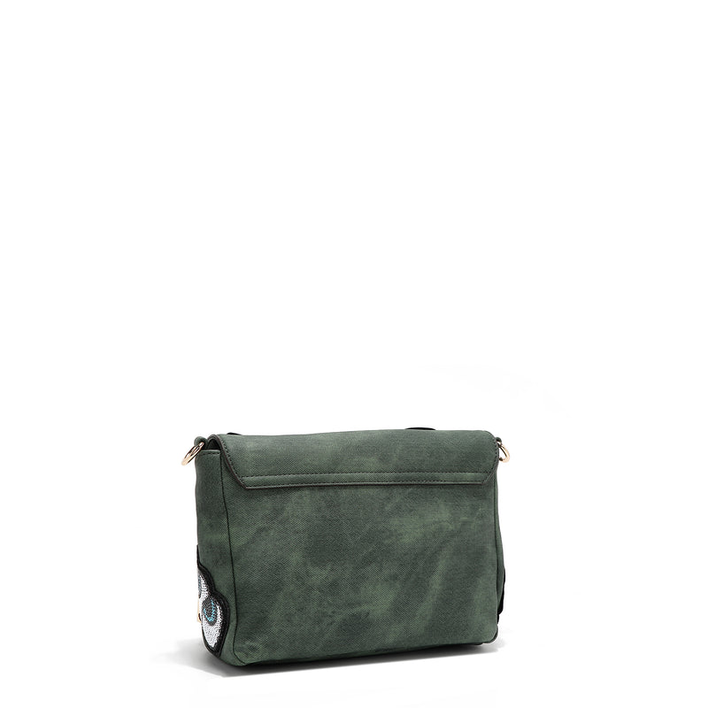 BORSA A TRACOLLA CON PATTA E TOPPE MULTIPLE (VERDE)