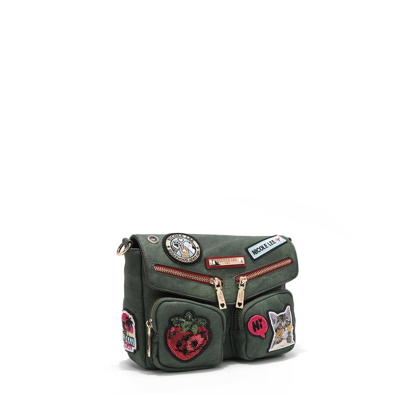 CROSSBODY BAG WITH FLAP AND MULTIPLE PATCHES (GREEN)