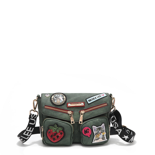 CROSSBODY BAG WITH FLAP AND MULTIPLE PATCHES (GREEN)