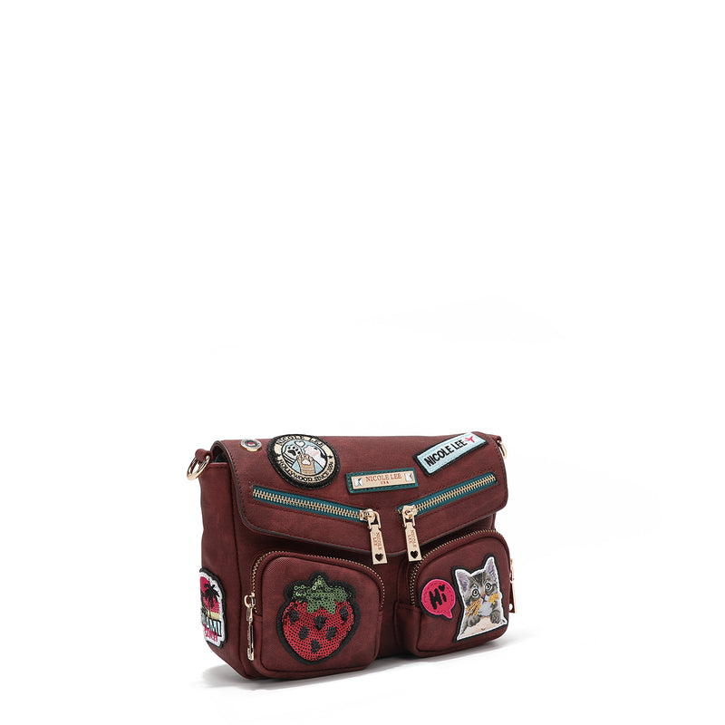 CROSSBODY BAG WITH FLAP AND MULTIPLE PATCHES (RED)