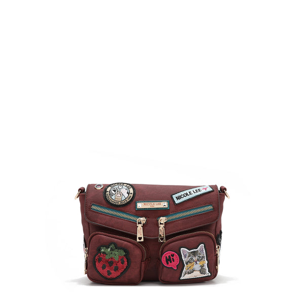 CROSSBODY BAG WITH FLAP AND MULTIPLE PATCHES (RED)