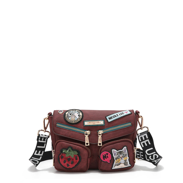 CROSSBODY BAG WITH FLAP AND MULTIPLE PATCHES (RED)