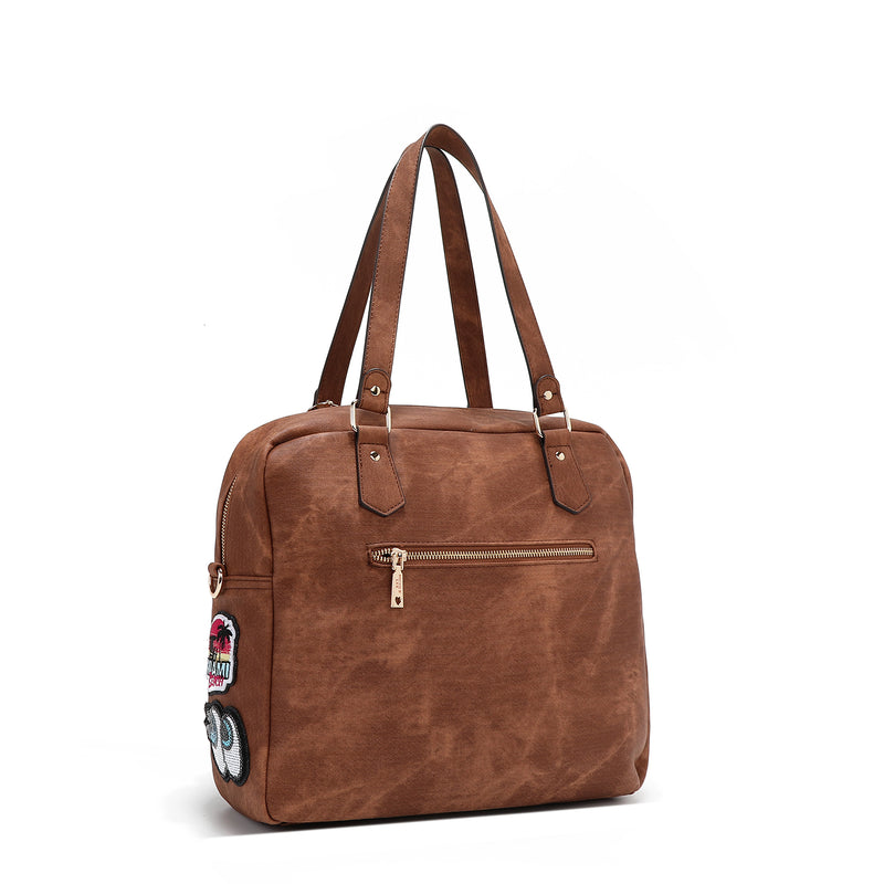 BAG WITH ZIPPER AND MULTIPLE PATCHES (BROWN)