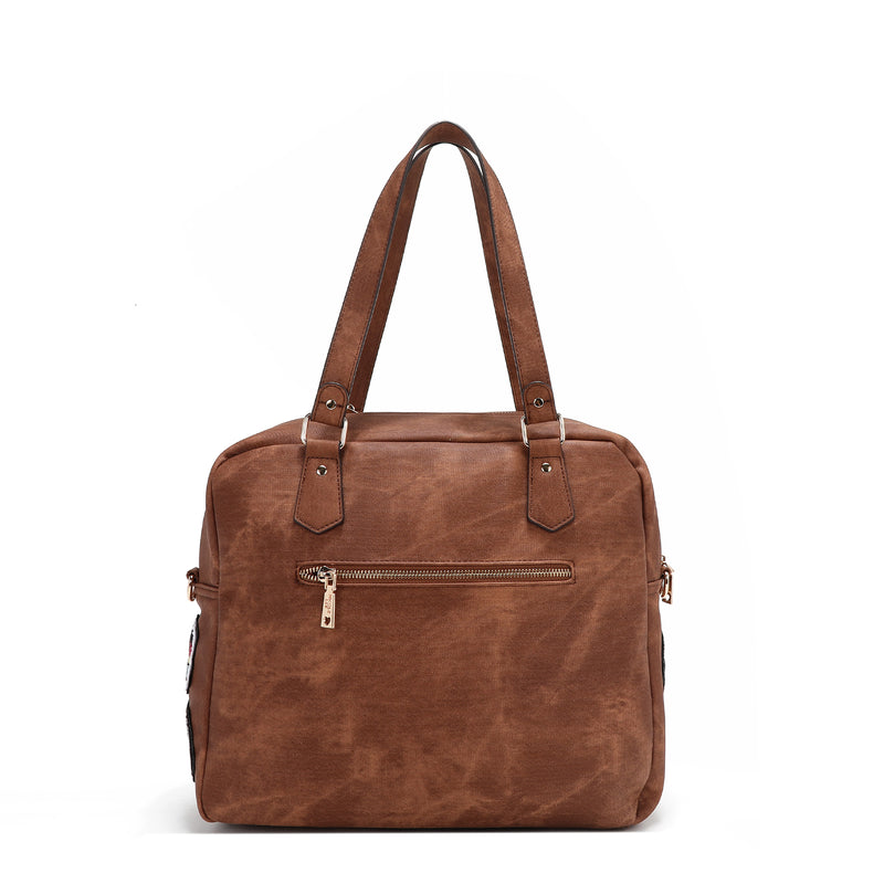 BAG WITH ZIPPER AND MULTIPLE PATCHES (BROWN)