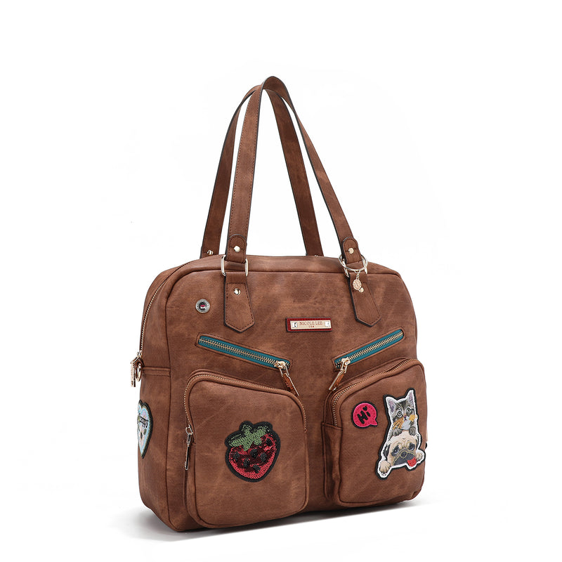 BAG WITH ZIPPER AND MULTIPLE PATCHES (BROWN)