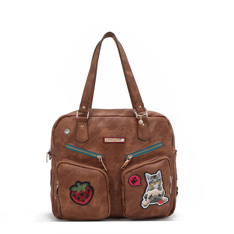 BAG WITH ZIPPER AND MULTIPLE PATCHES (BROWN)