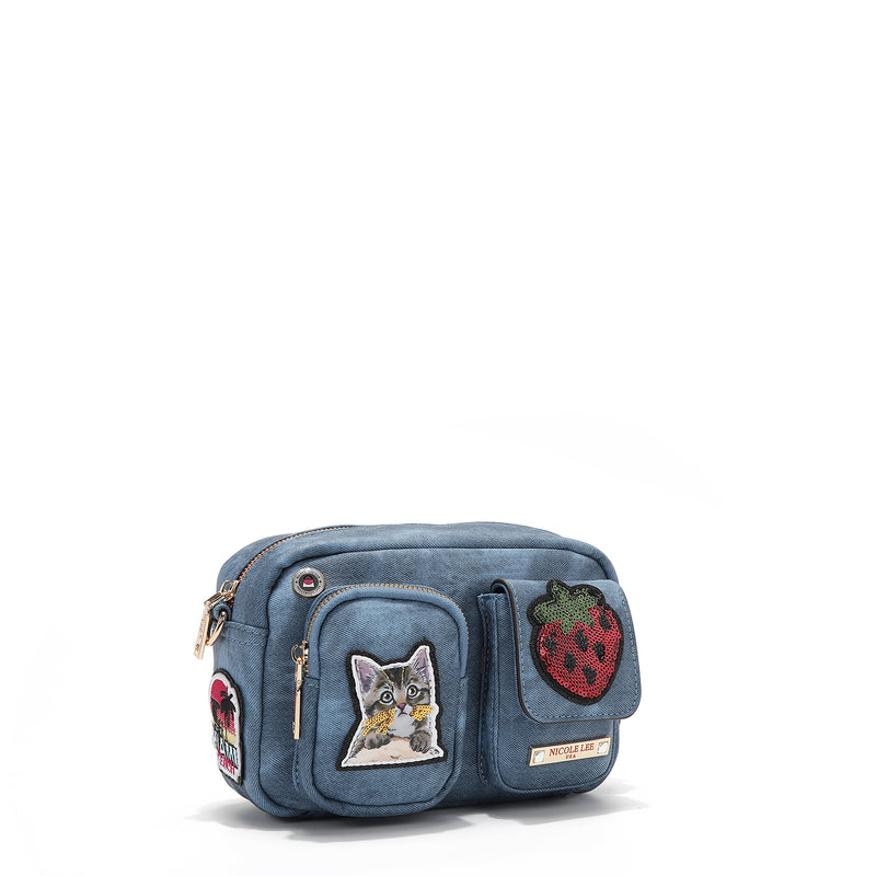 CROSSBODY BAG WITH MULTIPLE PATCHES (BLUE)