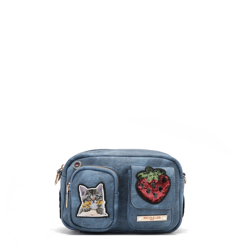 BORSA A TRACOLLA CON PATCH MULTIPLI (BLU)