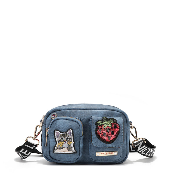 BOLSA CROSSBODY COM MÚLTIPLOS PATCHES (AZUL)