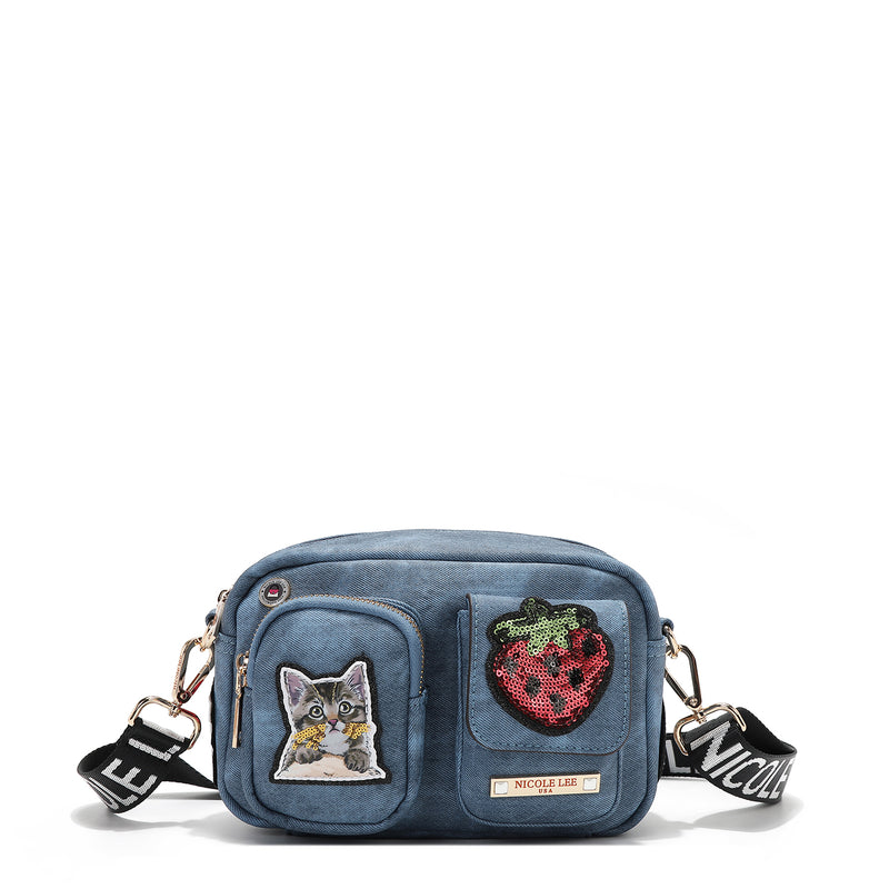 BORSA A TRACOLLA CON PATCH MULTIPLI (BLU)