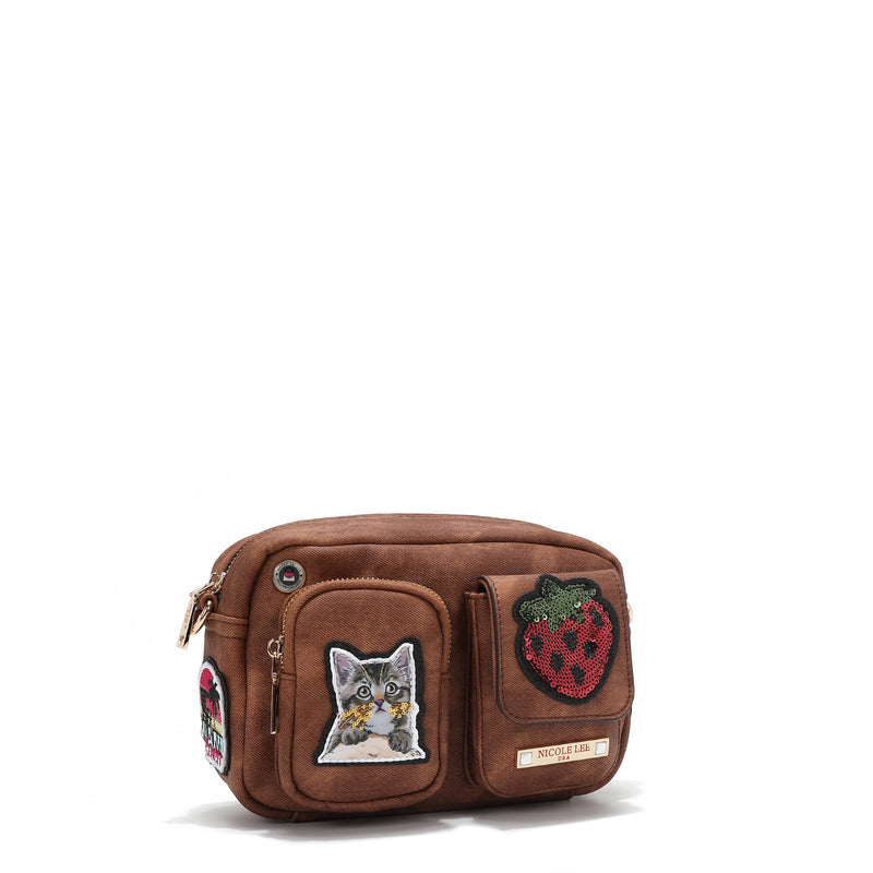 CROSSBODY BAG WITH MULTIPLE PATCHES (BROWN)