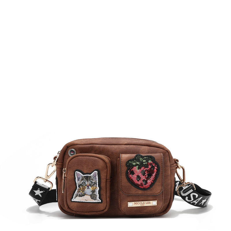 CROSSBODY BAG WITH MULTIPLE PATCHES (BROWN)