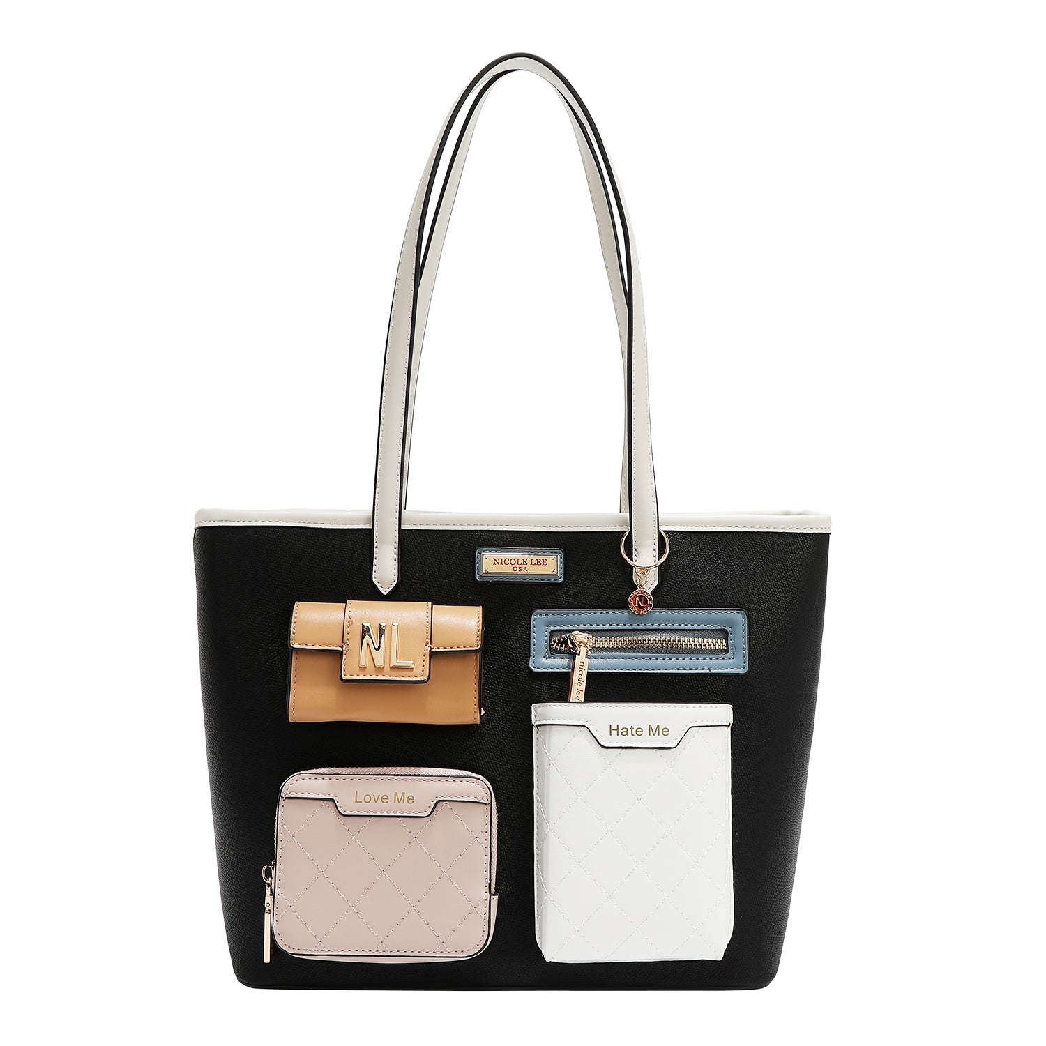 BOLSO SHOPPER CON BOLSILLO Y BLOQUES DE COLOR (NEGRO)