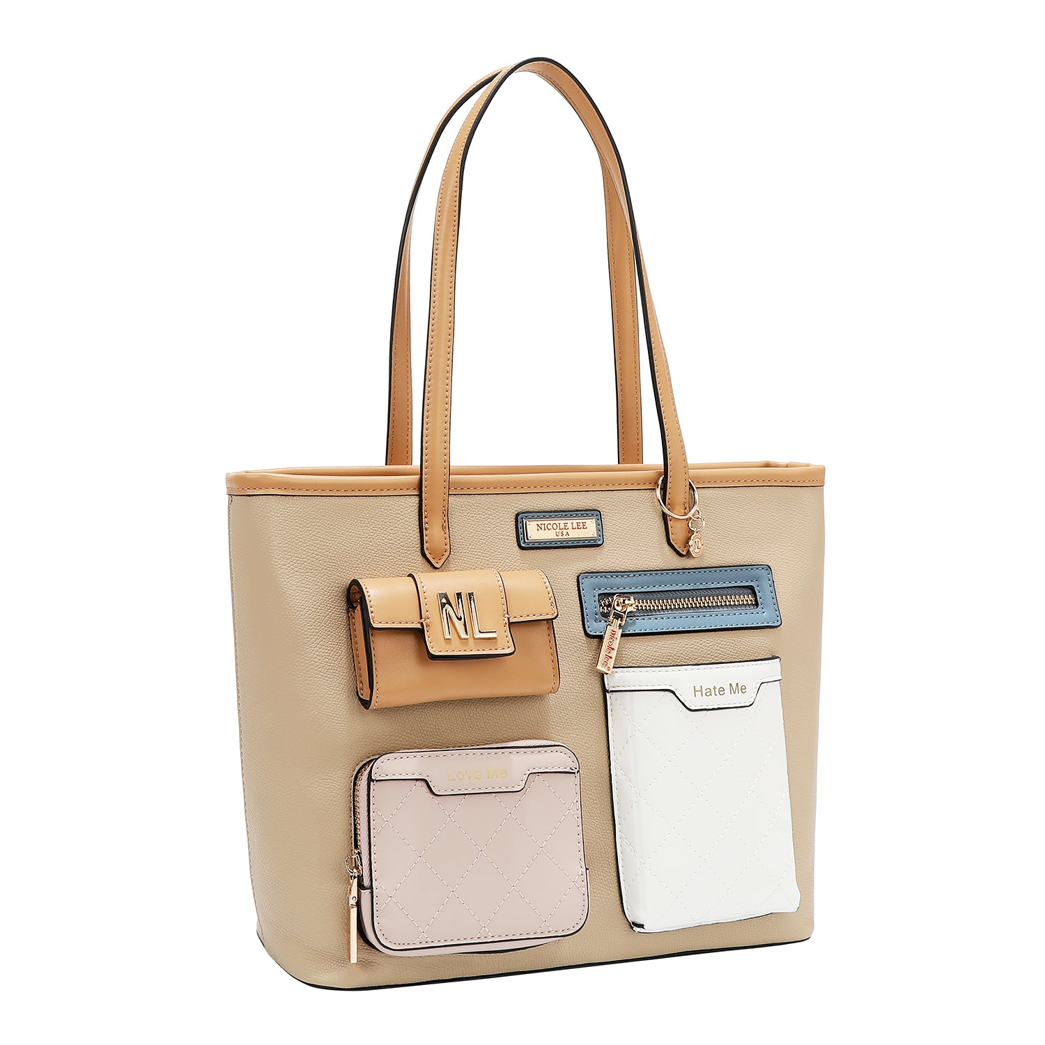 BOLSO SHOPPER CON BOLSILLO Y BLOQUES DE COLOR (TAUPE)
