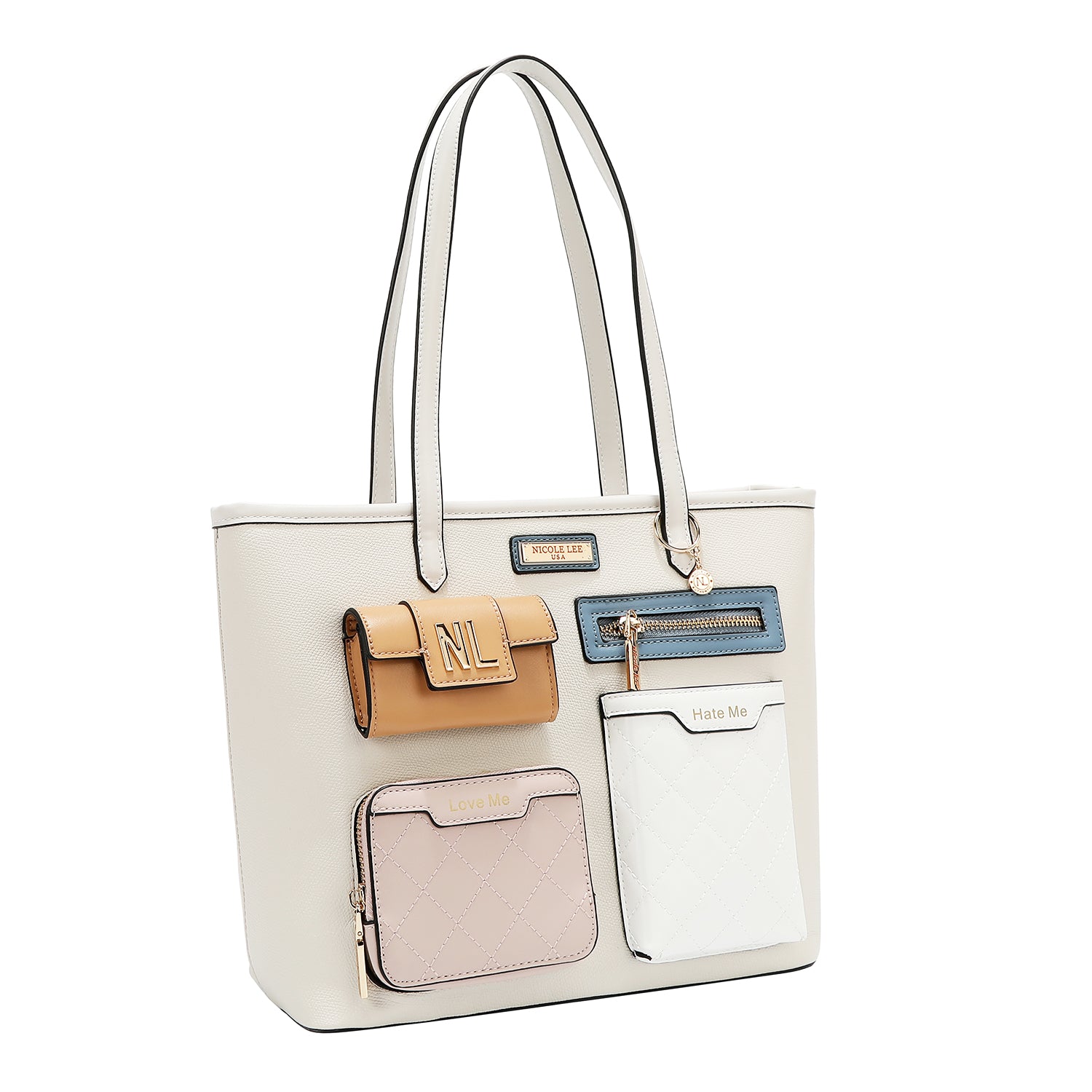 BOLSO SHOPPER CON BOLSILLO Y BLOQUES DE COLOR (BLANCO)