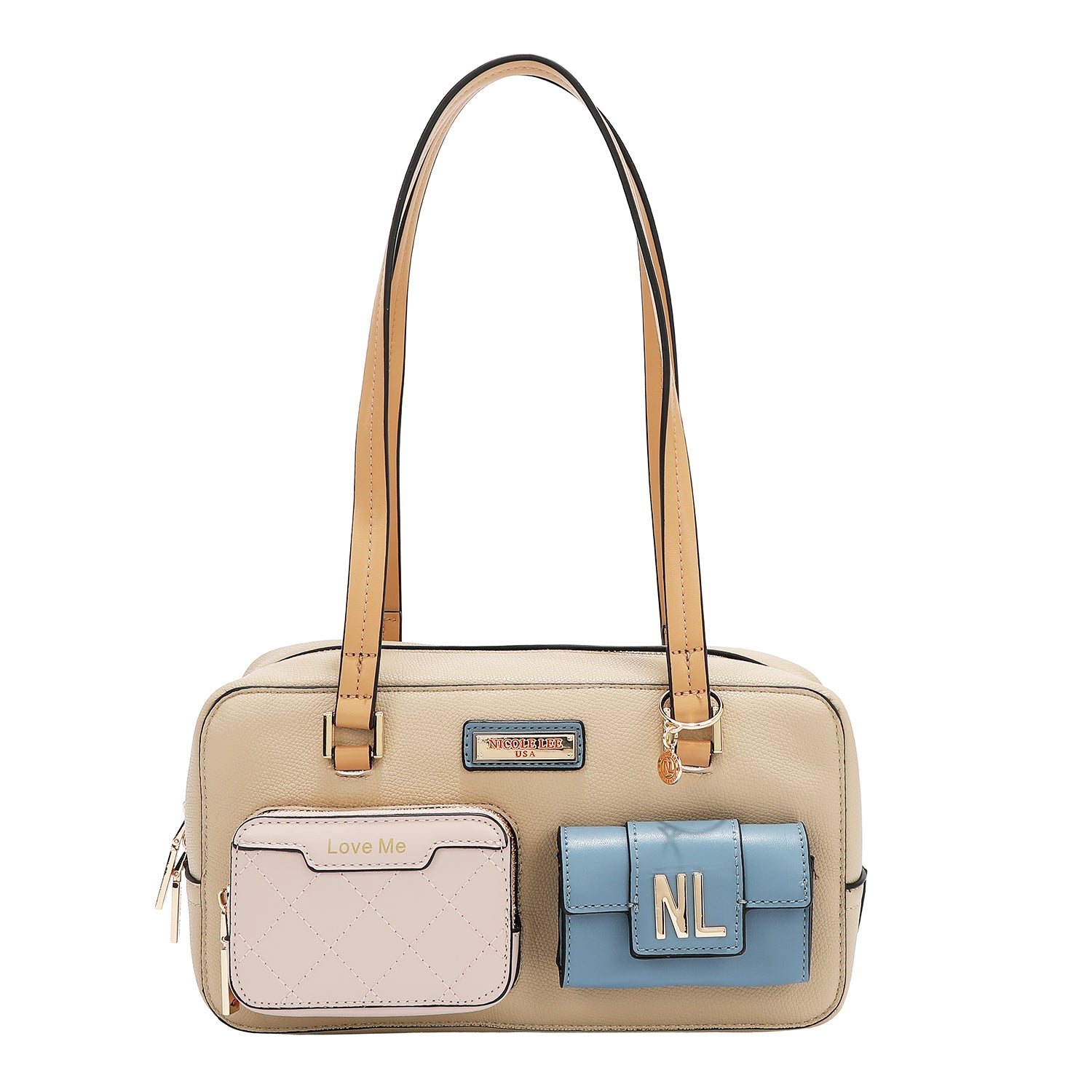 BOLSO DE HOMBRO CON BOLSILLO Y BLOQUES DE COLOR (TAUPE)