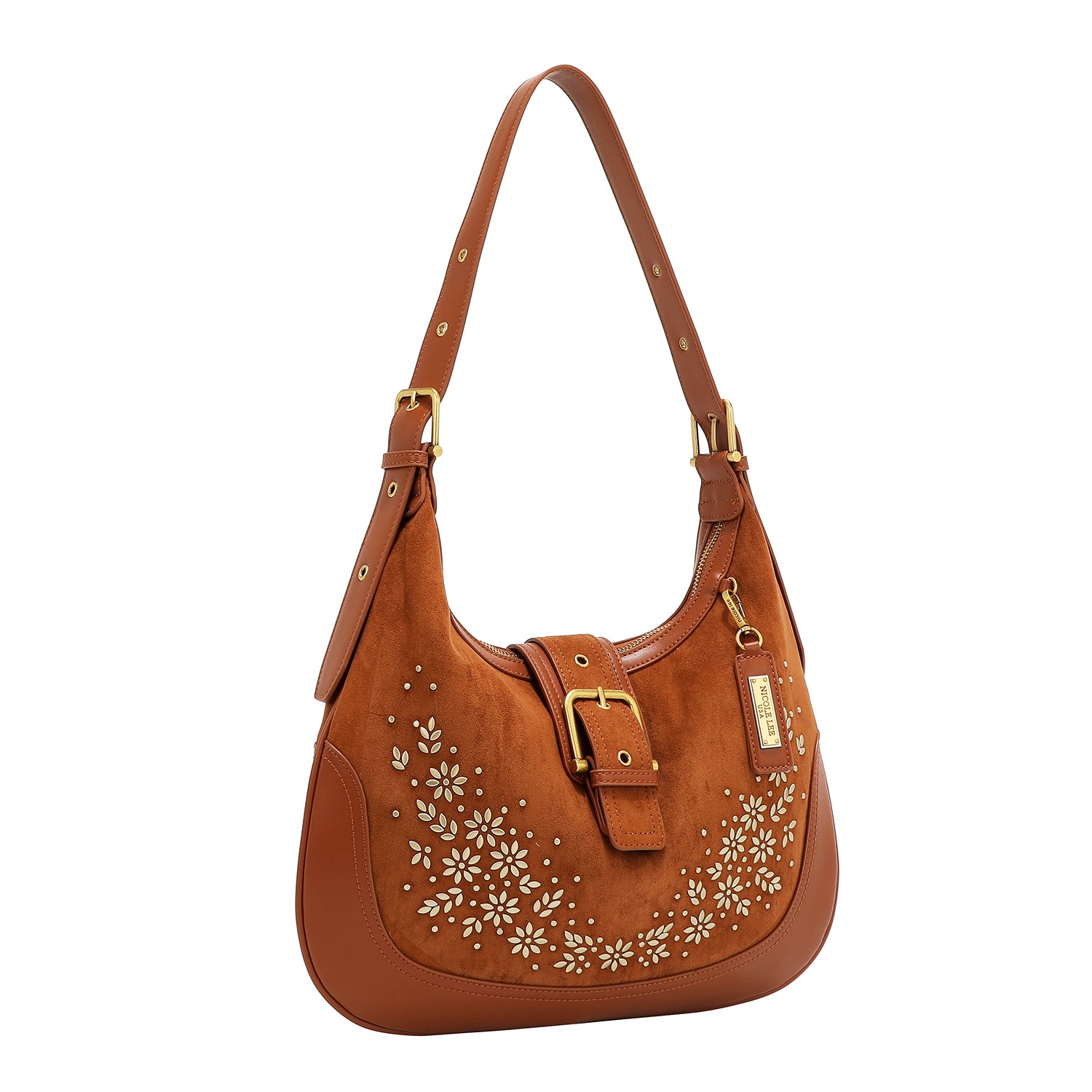 BOLSO DE HOMBRO CON DISEÑO FLORAL EN FORMA DE MEDIA LUNA (MARRON)