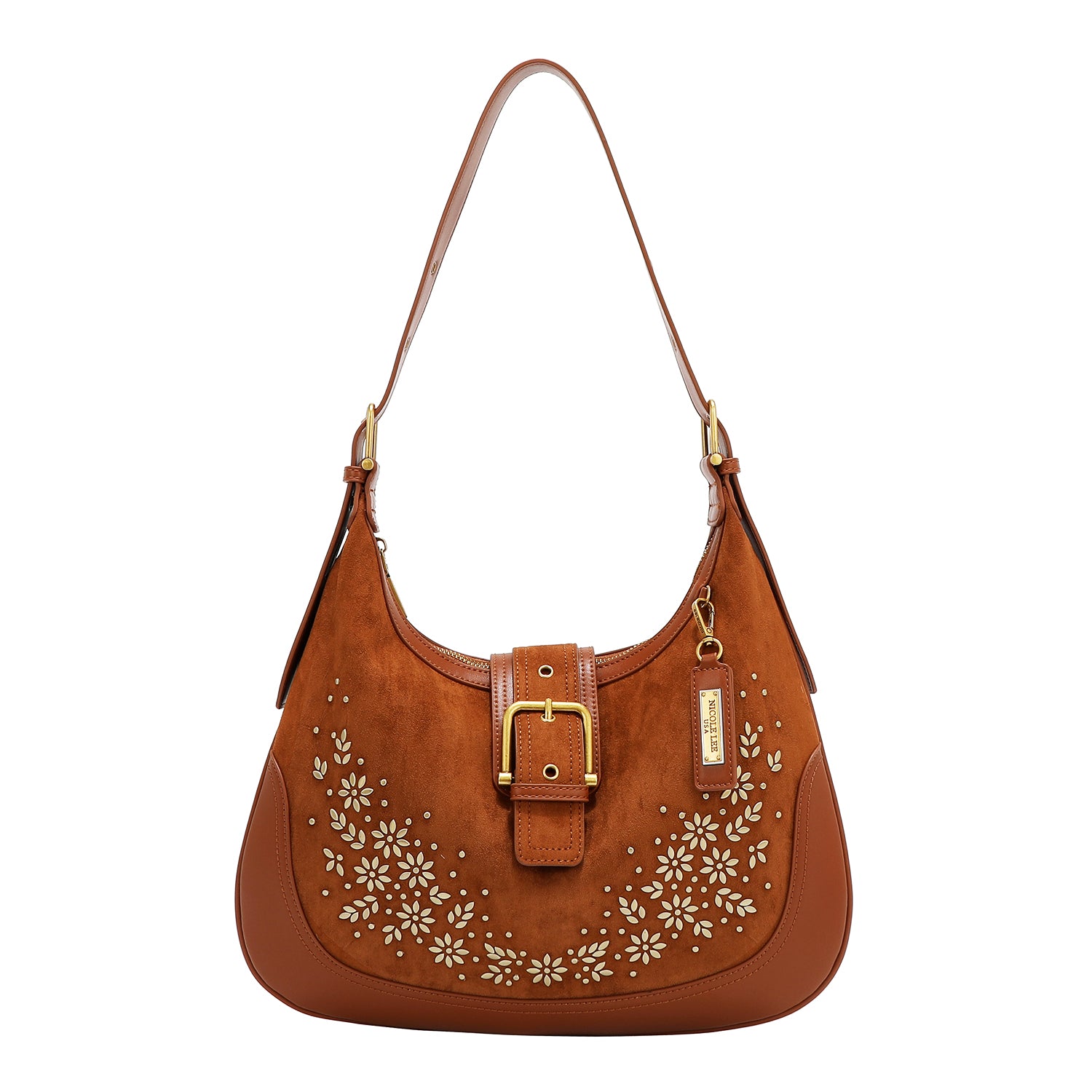BOLSO DE HOMBRO CON DISEÑO FLORAL EN FORMA DE MEDIA LUNA (MARRON)