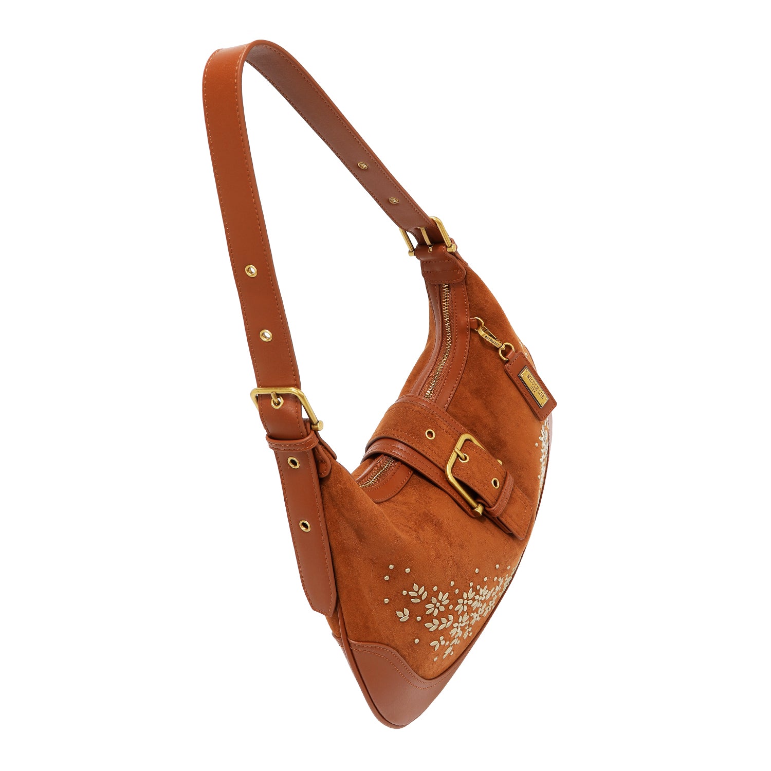 BOLSO DE HOMBRO CON DISEÑO FLORAL EN FORMA DE MEDIA LUNA (MARRON)