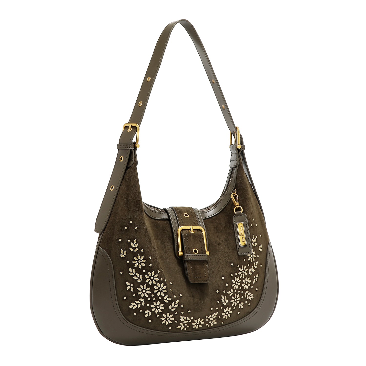 BOLSO DE HOMBRO CON DISEÑO FLORAL EN FORMA DE MEDIA LUNA (OLIVA)