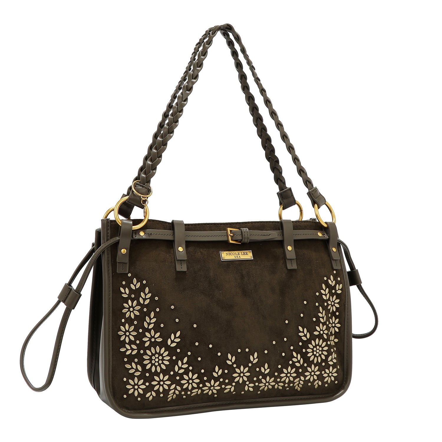 BOLSO DE MANO CON DISEÑO FLORAL (OLIVA)