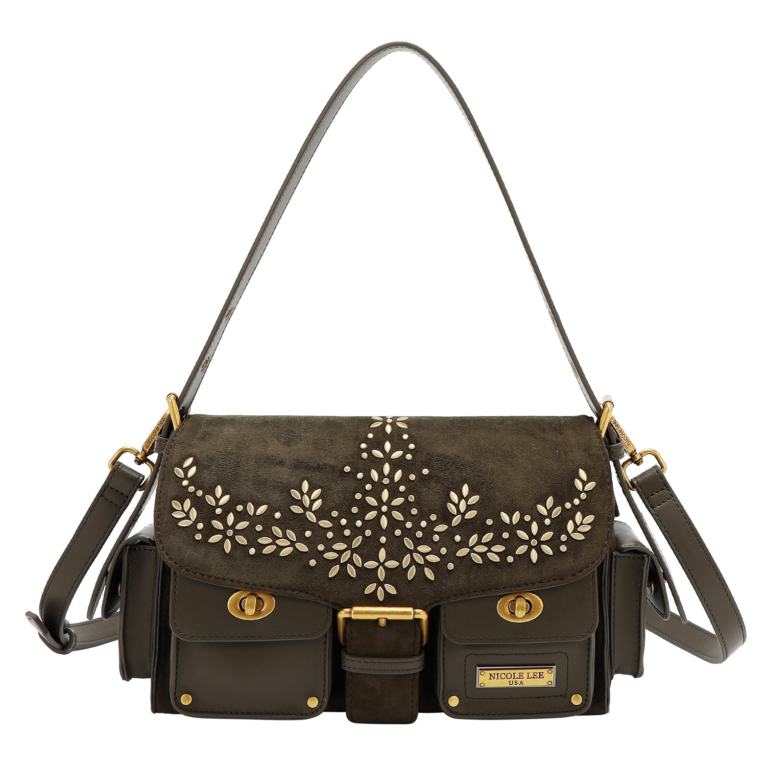 BOLSO DE MANO CON DISEÑO FLORAL (OLIVA)