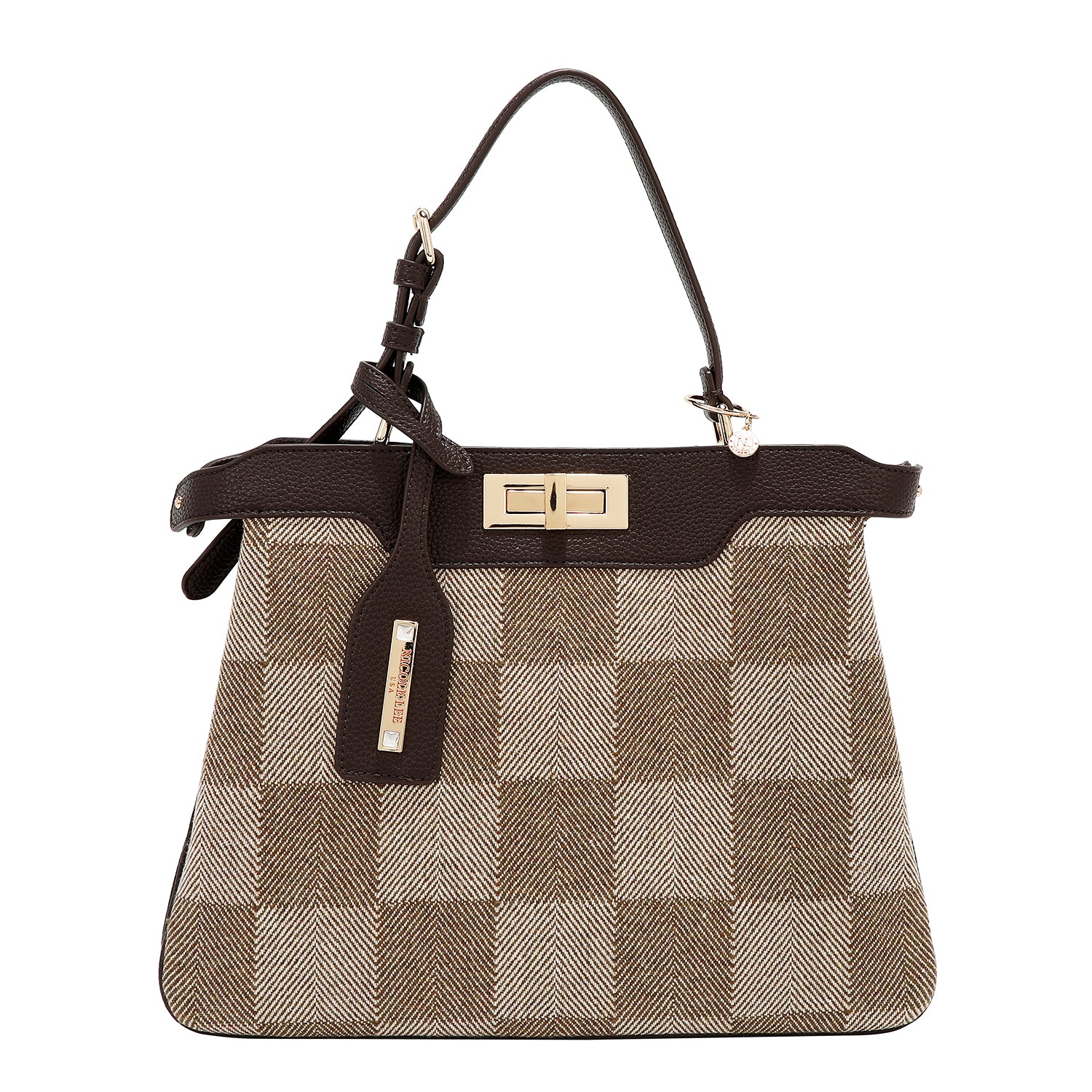 BOLSO DE MANO CHIC CON CUADROS (MARRON CLARO)