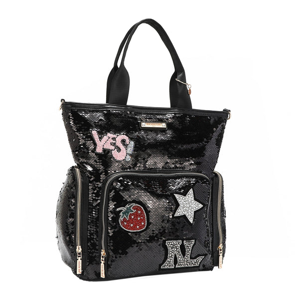 TOTE WITH BLACK SEQUIN PATCHES