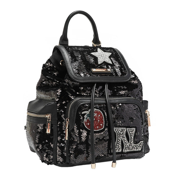 BACKPACK WITH BLACK SEQUIN PATCHES