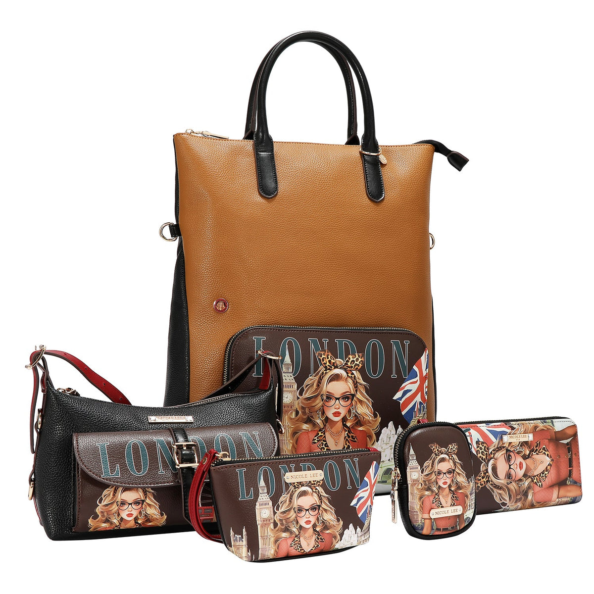 SET DA 5 PEZZI (ZAINO, BORSA A TRACOLLA, BORSA PER AGHI, BORSA E PORTA CARTE) (LONDON EYE MARRONE)