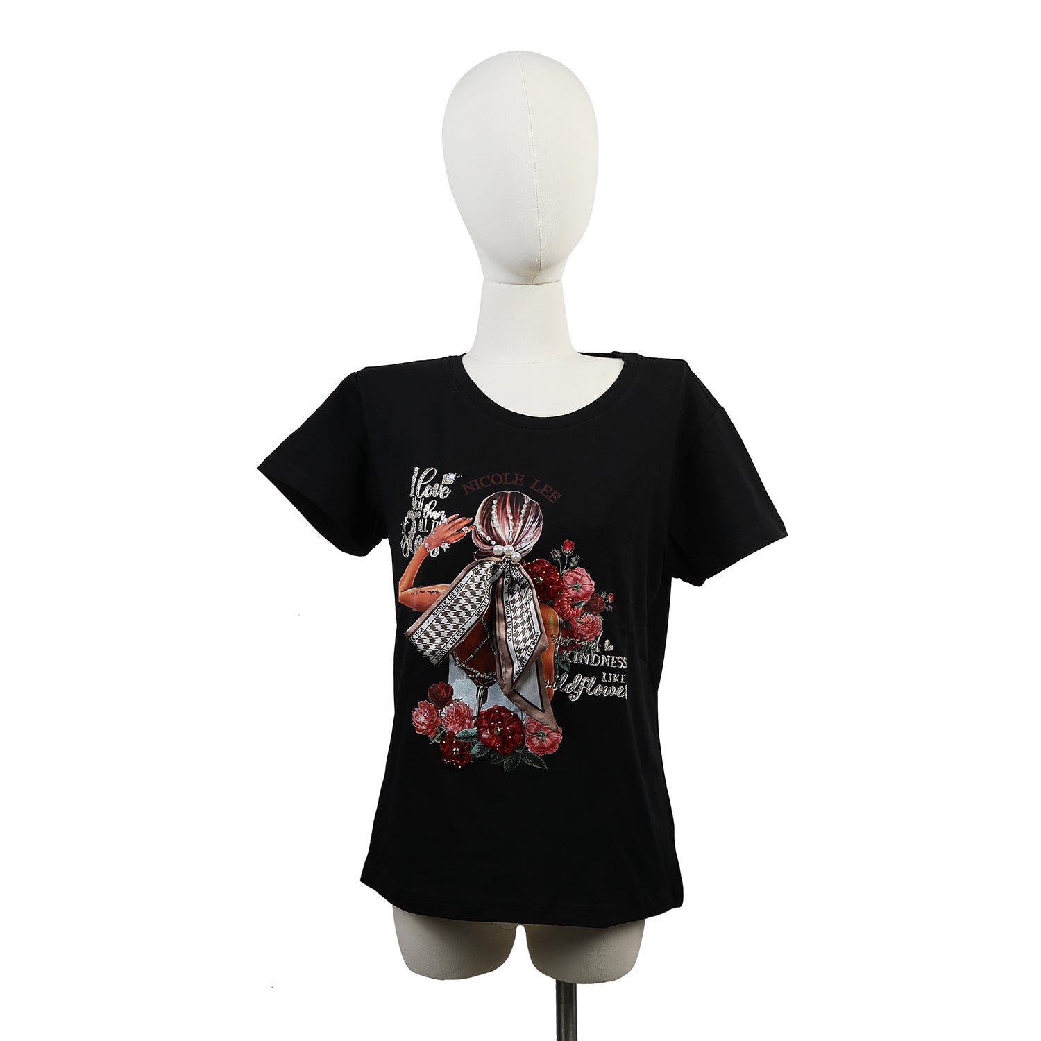 Nicole Lee Fashion Embellished Bling Cotton T-Shirt - Black/White