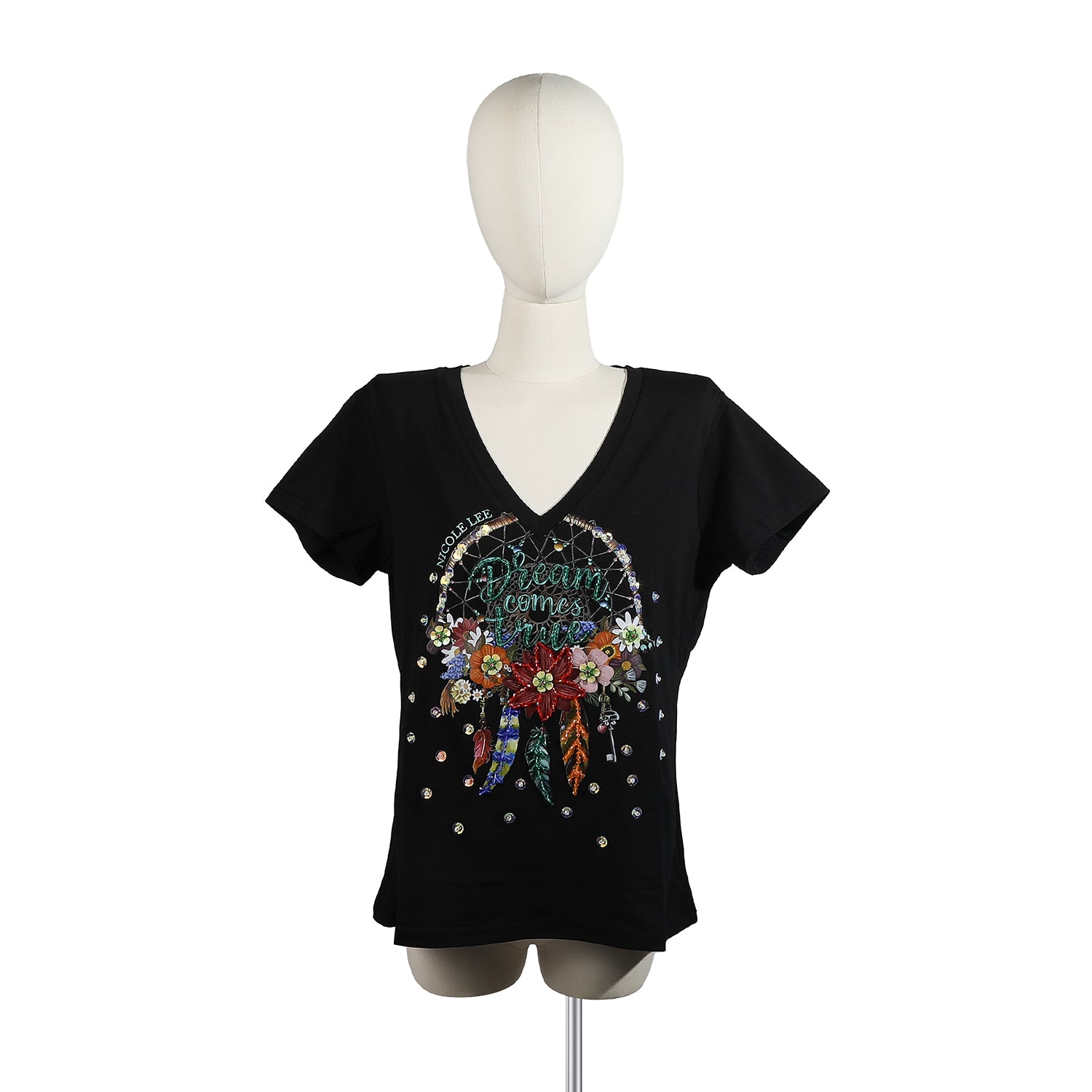 T-SHIRT ALLA MODA CON SCOLLO A V (<tc>DREAM COMES TRUE</tc> BIANCO)