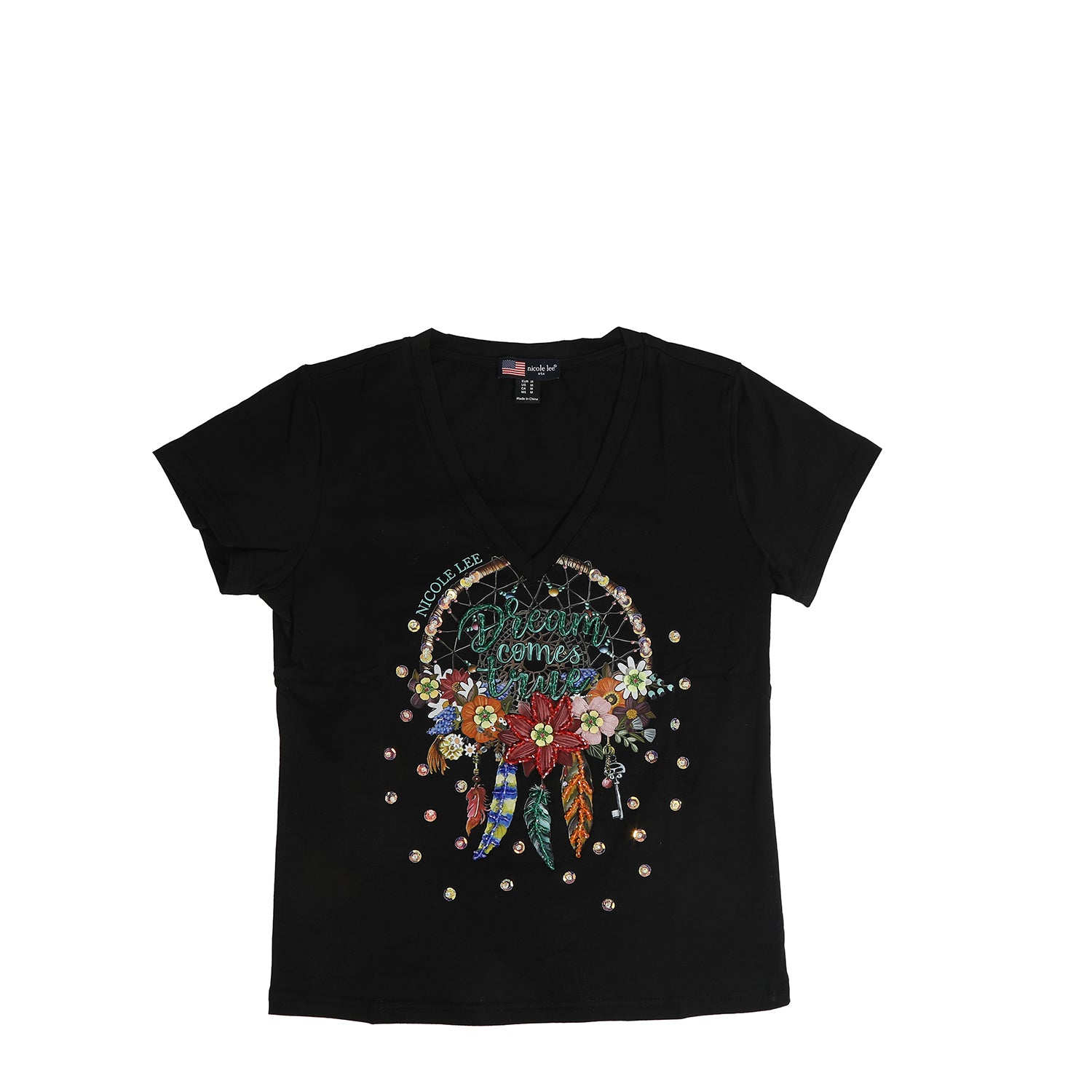 T-SHIRT ALLA MODA CON SCOLLO A V (<tc>DREAM COMES TRUE</tc> BIANCO)