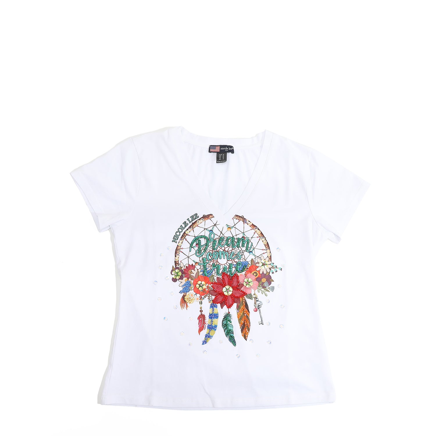 T-SHIRT ALLA MODA CON SCOLLO A V (<tc>DREAM COMES TRUE</tc> NERO)