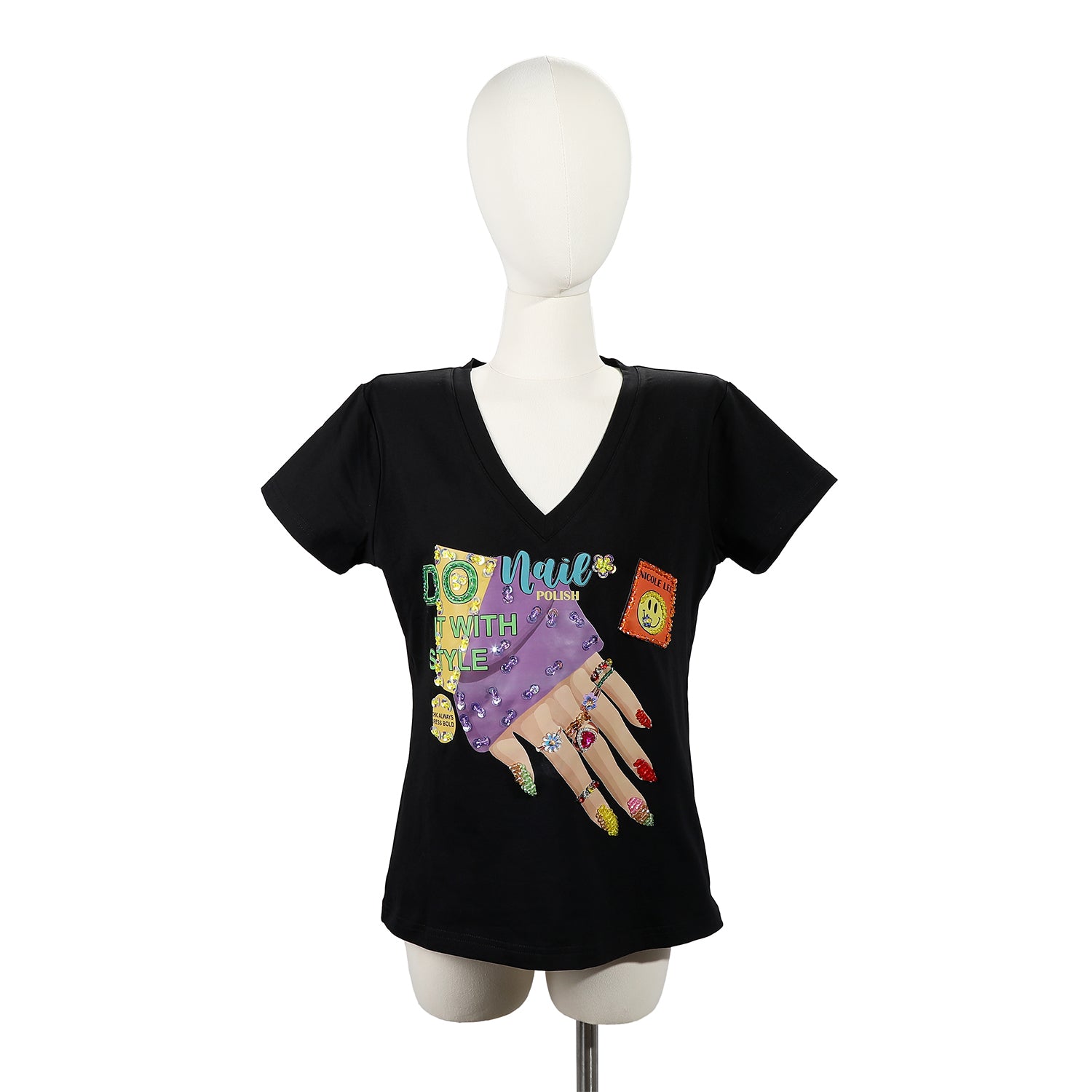 CAMISETA DE MODA CON CUELLO EN V (NAIL POLISH)