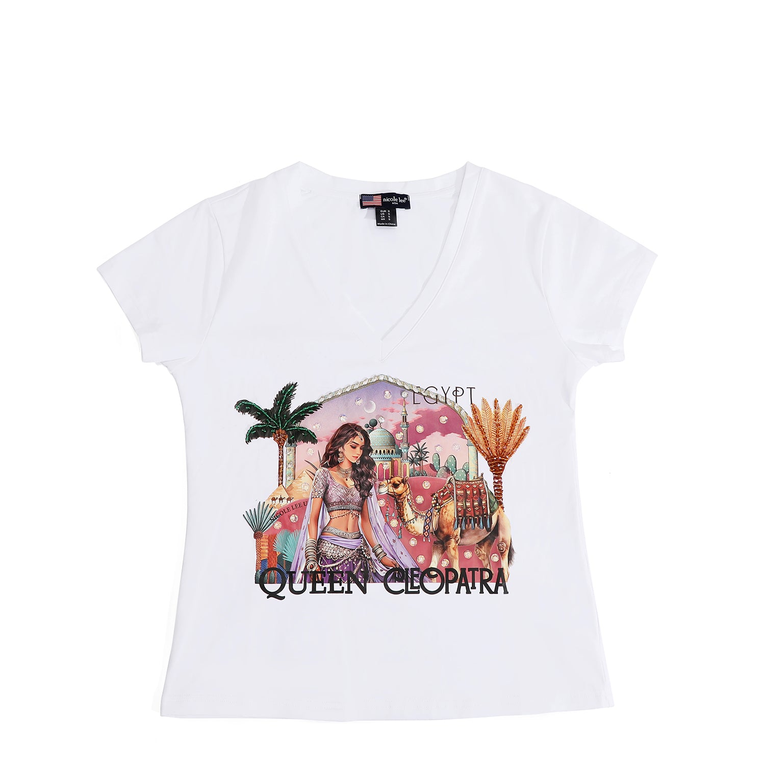 T-SHIRT ALLA MODA CON SCOLLO A V (<tc>QUEEN CLEOPATRA</tc> BIANCO)