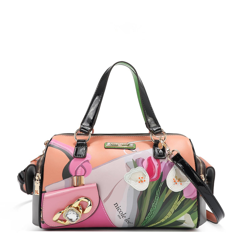 Violet Blossom Wide Handbag with Vegan Leather Appliqués and